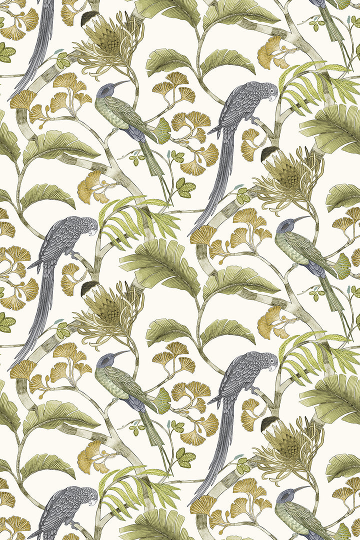 Josephine-Munsey-Living-Branches-wallpaper-Hilles-White-Greens-Botanical-Jungle-print-white-background-soft-greens-hand-drawn-illustrated-British-Designer