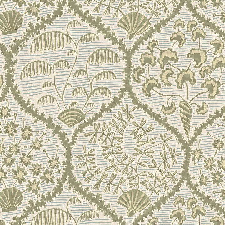 Josephine-Munsey-Wallpaper-Sowerby-SOft-Olive-shortwood-beighe-pattern-seashells-flora-ogee-tradtional-pattern-hand-illustrated-printed-British-designer