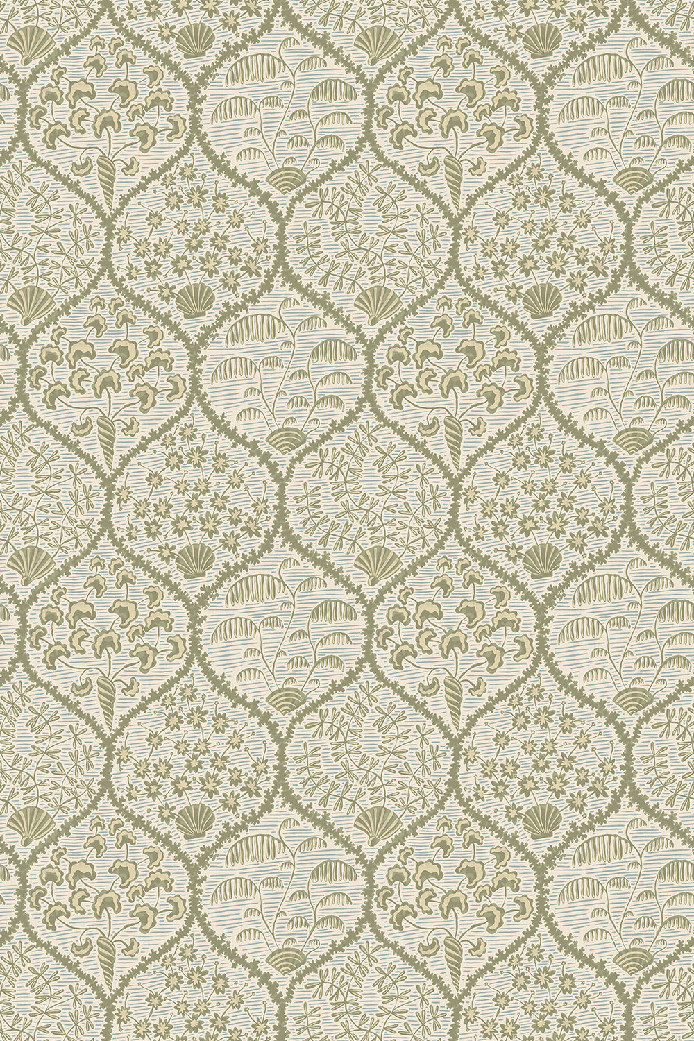 Josephine-Munsey-Wallpaper-Sowerby-SOft-Olive-shortwood-beighe-pattern-seashells-flora-ogee-tradtional-pattern-hand-illustrated-printed-British-designer