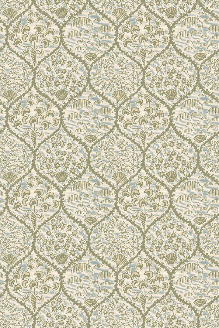 Josephine-Munsey-Wallpaper-Sowerby-SOft-Olive-shortwood-beighe-pattern-seashells-flora-ogee-tradtional-pattern-hand-illustrated-printed-British-designer