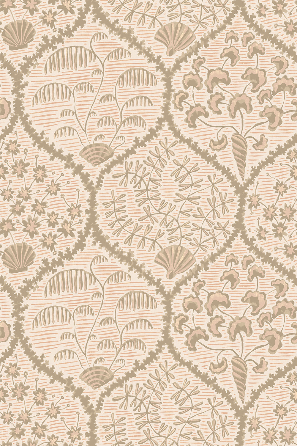 Josephine-Munsey-Wallpaper-Sowerby-Coral-and-Stone-peach-printed-seashells-ogee-traditional-style-pattern-print-floral-hand-illustrated-British-designer-