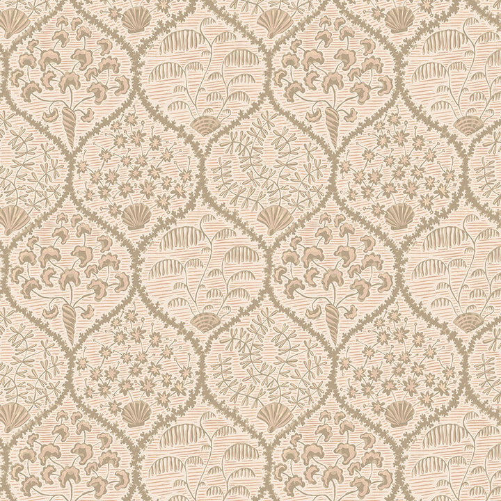 Josephine-Munsey-Wallpaper-Sowerby-Coral-and-Stone-peach-printed-seashells-ogee-traditional-style-pattern-print-floral-hand-illustrated-British-designer-