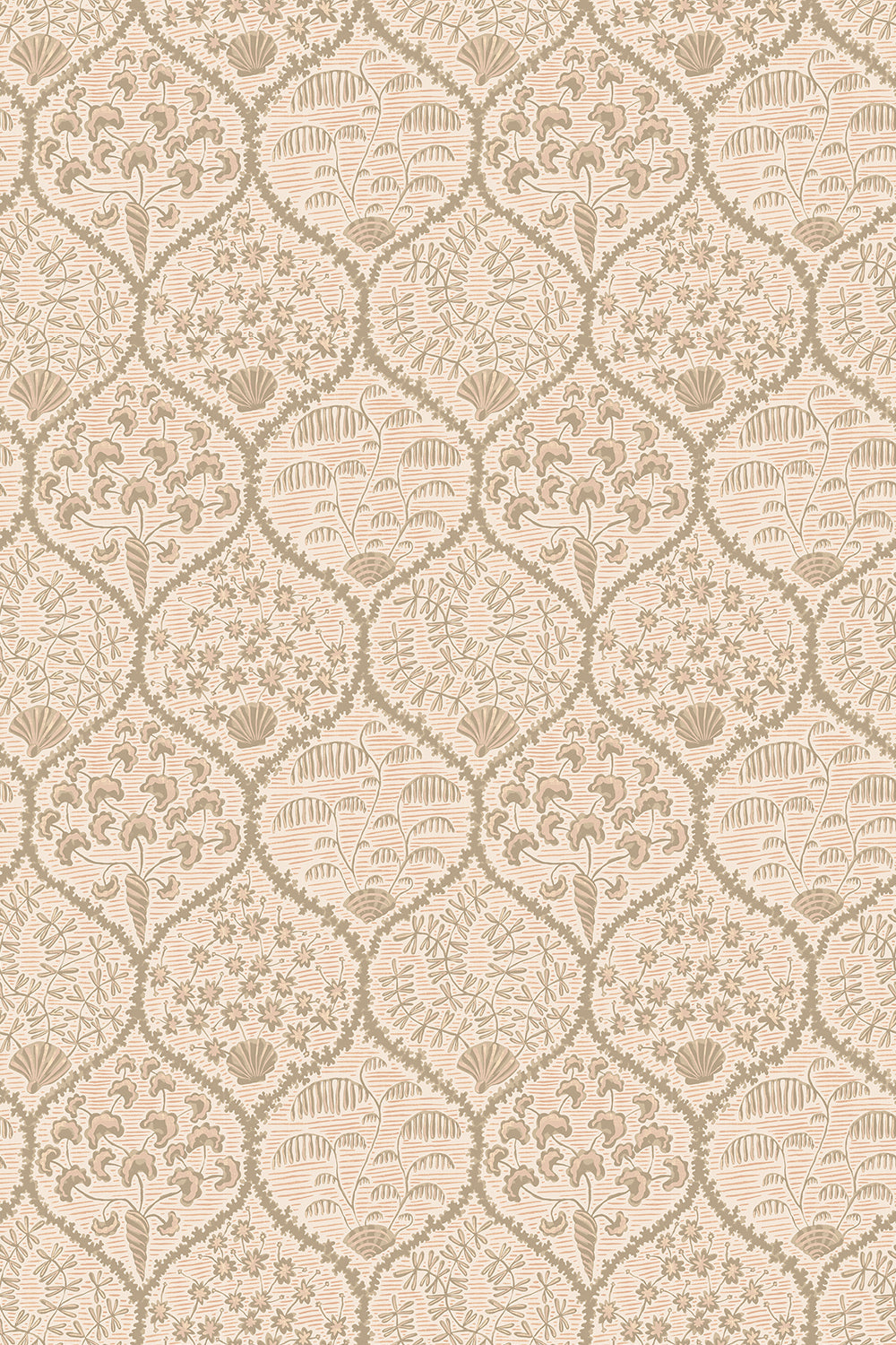 Josephine-Munsey-Wallpaper-Sowerby-Coral-and-Stone-peach-printed-seashells-ogee-traditional-style-pattern-print-floral-hand-illustrated-British-designer-