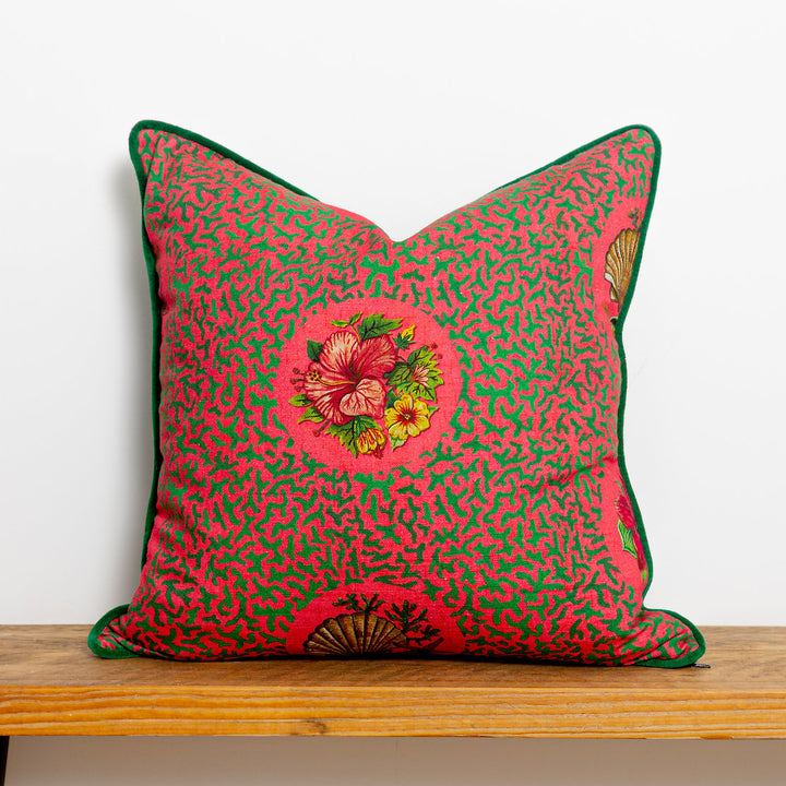 Wear-the-walls-cushion-treath-pattern-linen-velvetseashall-floral-cerise-pink-linen-green-velvet-backing