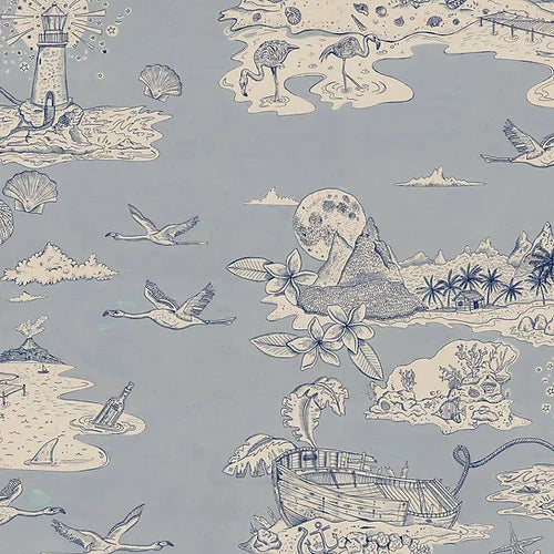 Wear-the-walls-castaway-wallpaper-fantasy-island-print-modern-toile-de-joy-style-island-life-beach-hawaiian-vibe-seaseide-pattern-designer-wallpaper-sky-blue