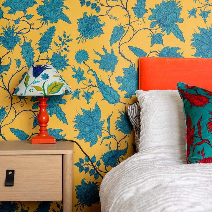 wear-the-walls-hermosa-velvet-cushion-citrine-zircon-trailing-vines-floral-turquoise-print-acid-yellow-background