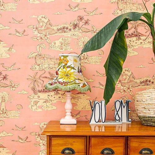 Wear-the-walls-castaway-wallpaper-fantasy-island-print-modern-toile-de-joy-style-island-life-beach-hawaiian-vibe-seaseide-pattern-designer-wallpaper-Coaral-pink