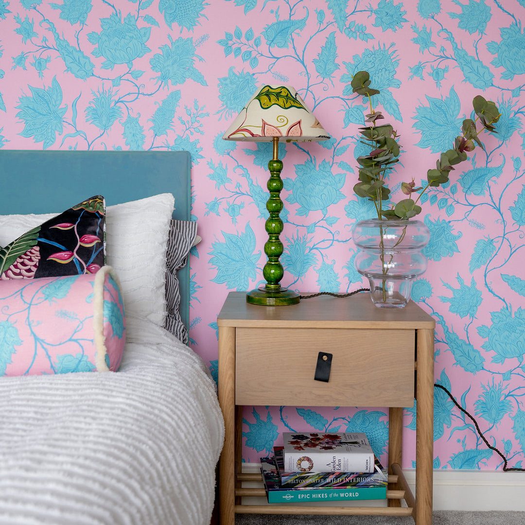 wear-the-walls-bolster-cushion-in-hermosa-pink-turquoise-vine-printed-velvet-fringed-edges-throw-cushion