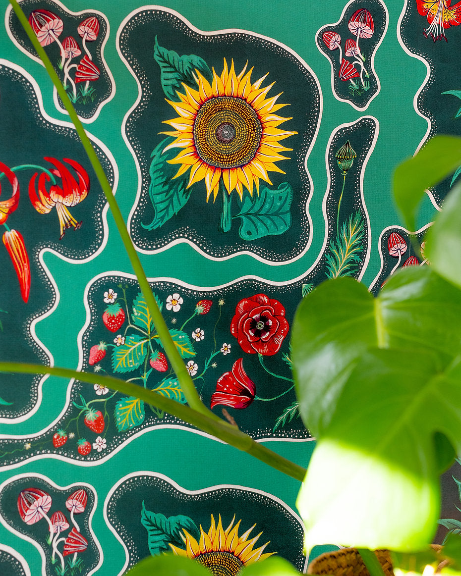 wear-the-walls-halcyon-wallpaper-emerald-green-stunning-retro-floral-patchwork-hand-illustrated-print-bold-sunflowers-strawberries-mushrooms-poppies-psychedelic-pattern