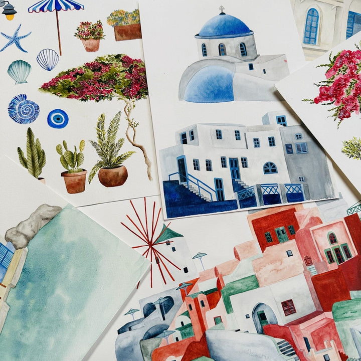 Brand-Mckanezie-wallpaper-The Mediterranean-Cyclades-churches-buildings-lanes-ports-Greek-island-Hand-painted-illustrated-watercolour-style-print-novelty-wallpaper-blue-and-White-BMPP04/08A