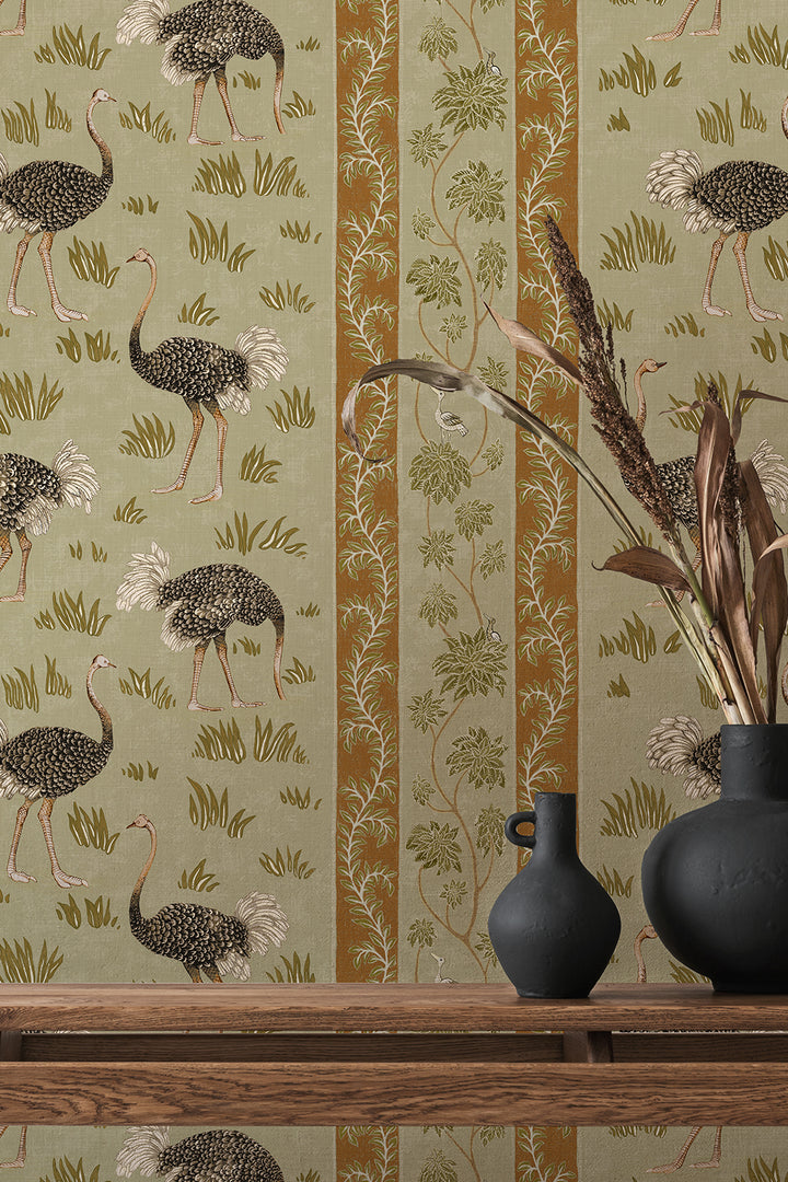 Ostrich Stripe Wallpaper in Khaki and Green