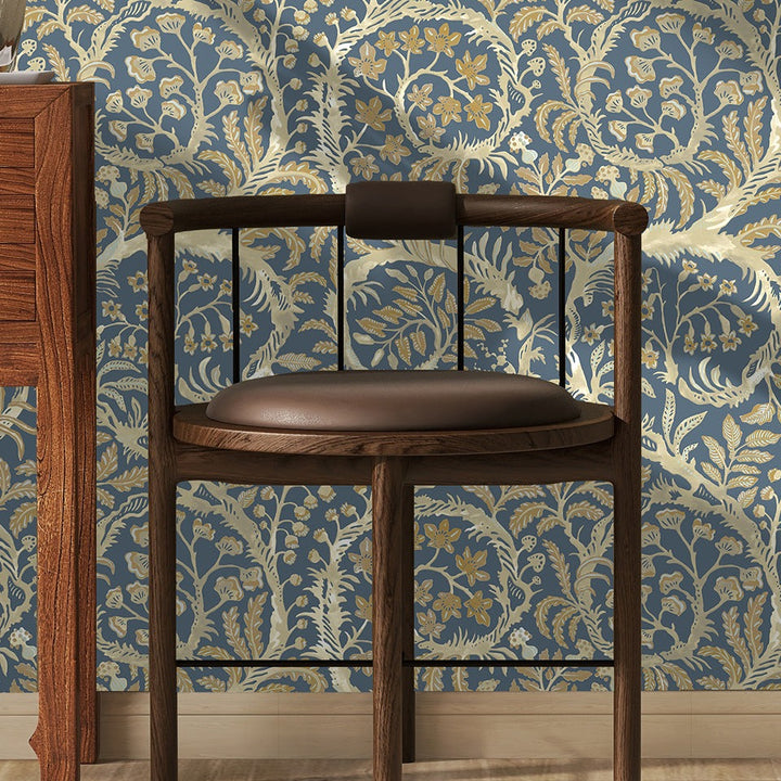 Josephine-Munsey-wallpaper-butterrow-bude-blue-antique-foliage-traditional-shell-shapes-botanical-print-trailing-pattern