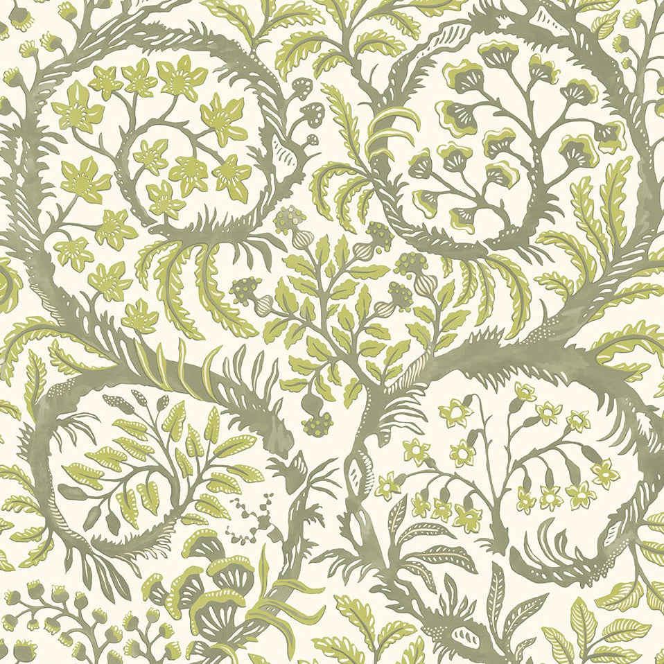 Josephine-munsey-wallpaper-butterrow-trailing-foliage-twisted-floral-fauna-shell-shapes-green