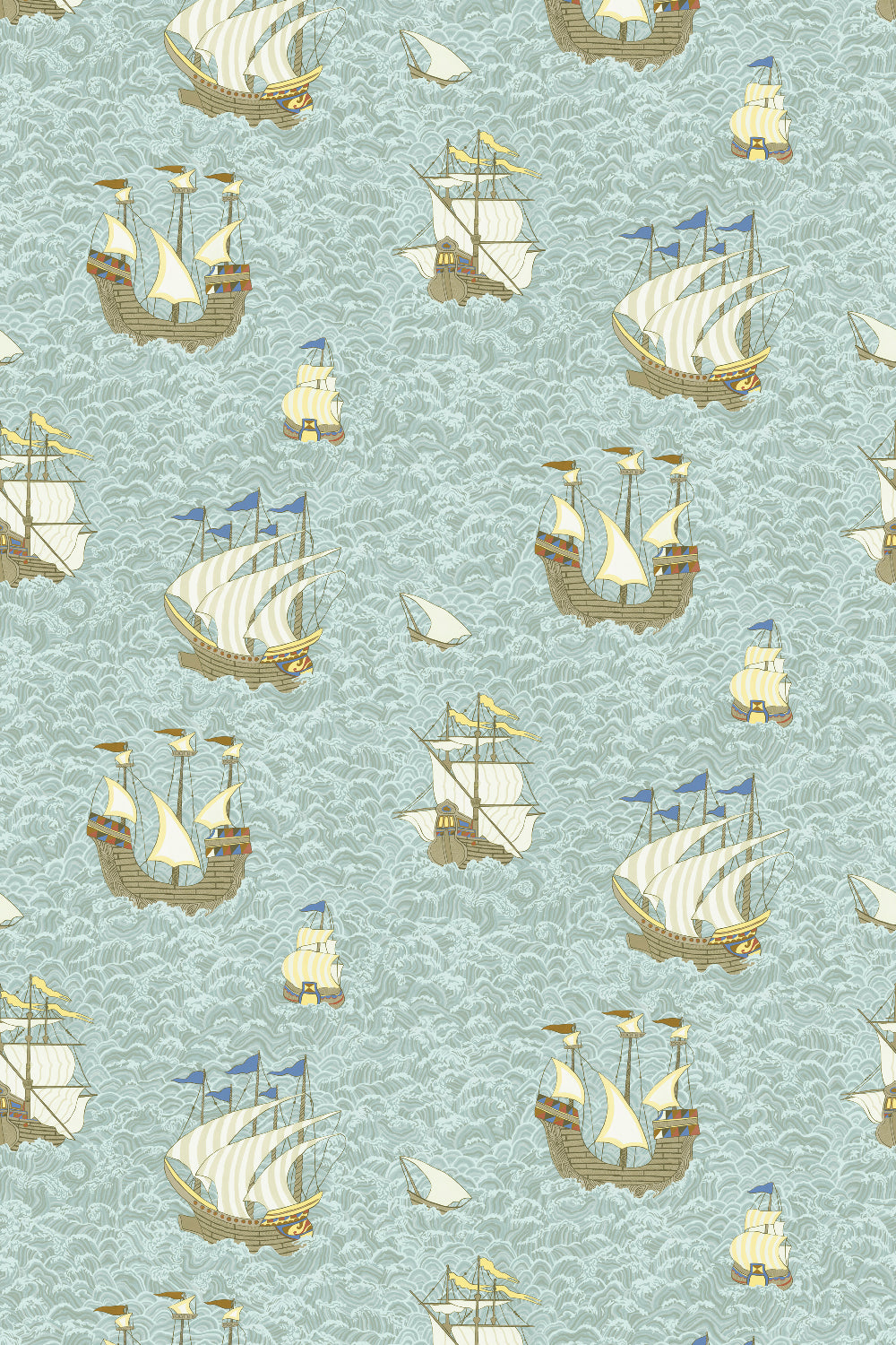 joesphine-munsey-wallpaper-ships-light-blue-hand-illustrated-images-viking-ship-vintage-style-paper-light-blue-waves-sails