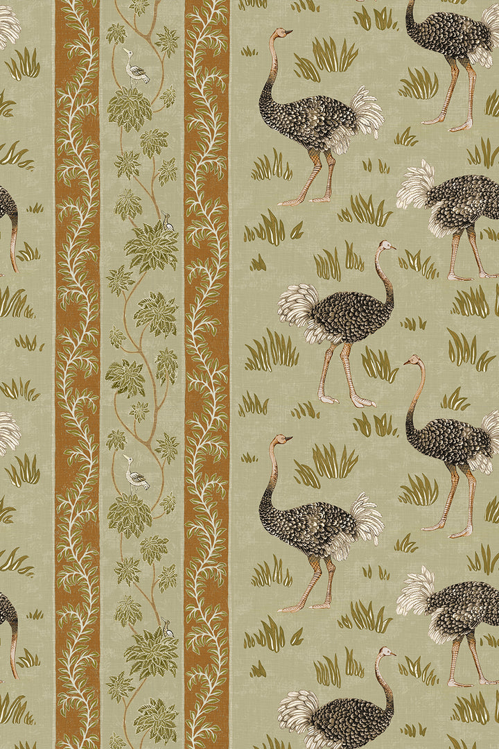 Ostrich Stripe Wallpaper in Khaki and Green