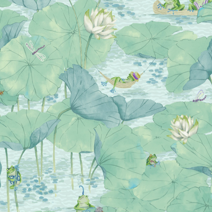 Brand-Mckenzie-Wallpaper-Wild-Life-Collection-Pond-life-illustrated-fron-watercolour-storybook-picture-style-scene-lilypads-water-frogs-playfull-wallpaper-Aqua