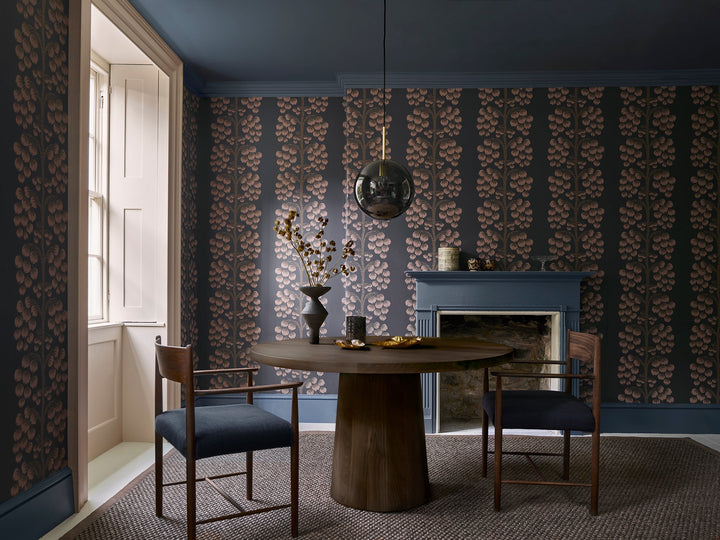 liberty-fabrics-wallpaper-berry-tree-stripe-wallpaper-midnight-navy-blue-pink-berry-vines-modern-archive-dining-room