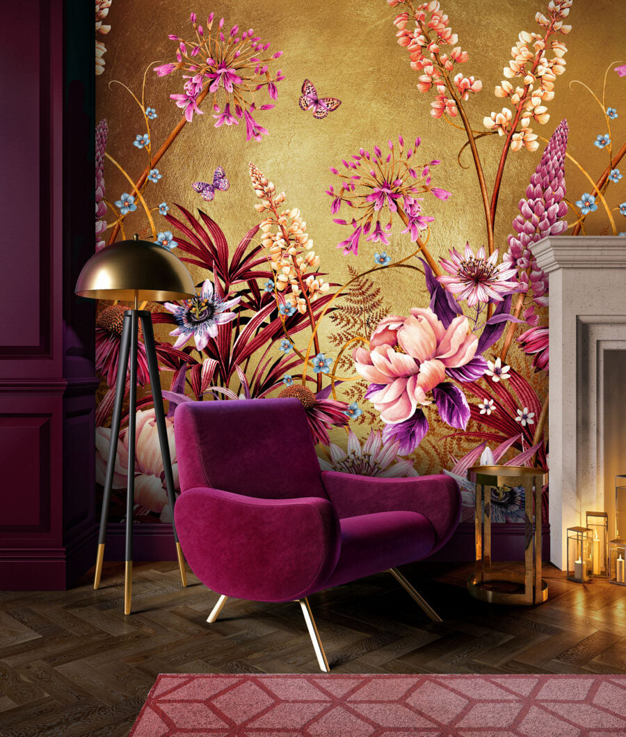 Avalana-design-Blooms-of-Midas-Wallpaer-mettalic-goil-foil-wall-mural-exotic-giant-floral-print-butterflies-garden-wall-mural