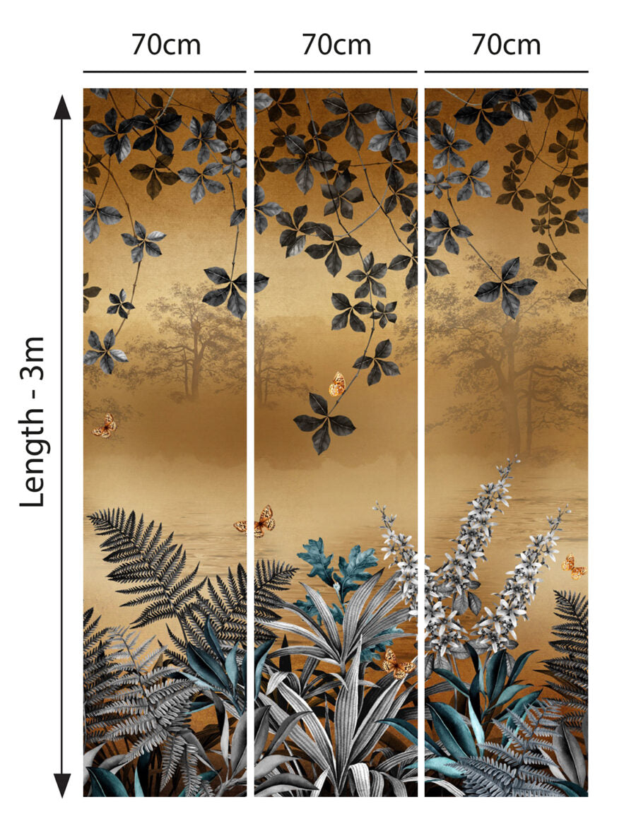 Avalana-Copper-Dawn-lake-metallic-gold-wall-mural-shadow-leaces-tress-ferns-exotic-mural-gold-foil