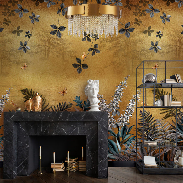 Avalana-Copper-Dawn-lake-metallic-gold-wall-mural-shadow-leaces-tress-ferns-exotic-mural-gold-foil