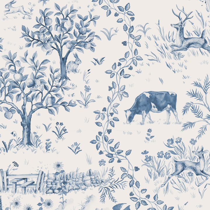 Studio-le-Cocq-Daily-Walk-Wallpaper-countryside-theme-orchard-birds-tress-churchyard-toile-style-modern-hertiage-style-print-British-artisan-Delft-Blue-