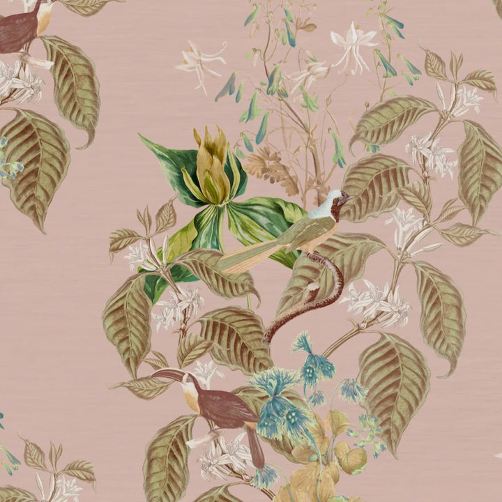 Deus-ex-Gardenia-wallpaper-Cinder-Rose-French-Toile-design-leaves-birds-subtle-woven-background-jasmine-leaves-Cinder-rose-Pink