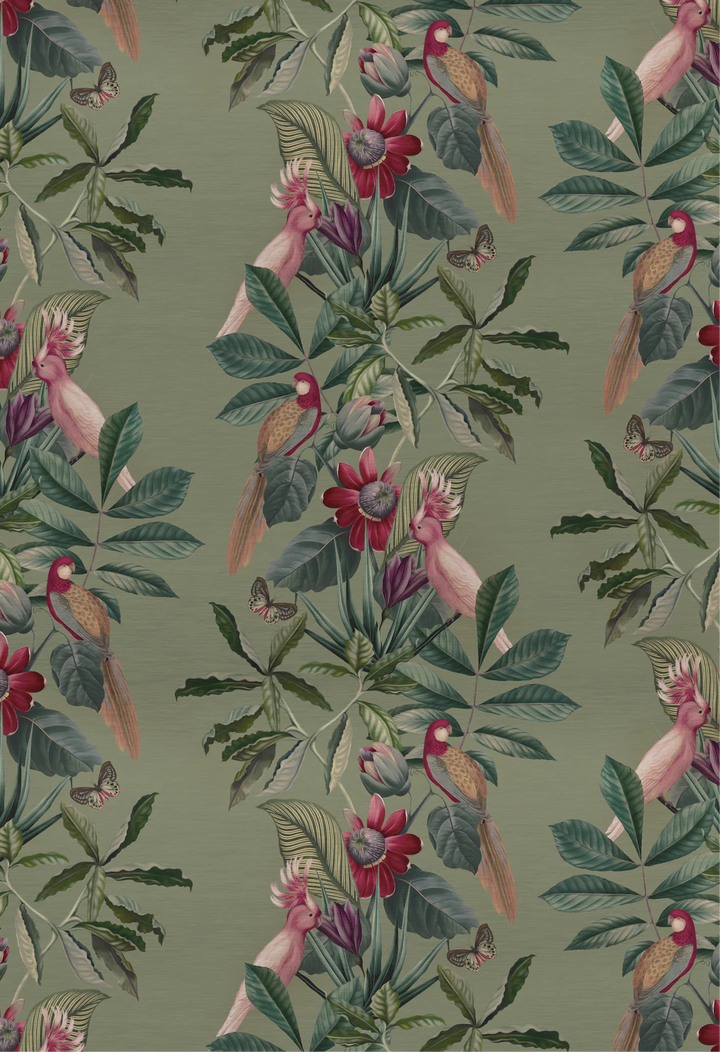 Deus-ex-gardenia-Passiflora-superwide-wallpaper-Sage-green-background-columbian-tropical-rainforest-feeling-birds-butterflies-ferns-jungle-hand-illustrated-print-pattern