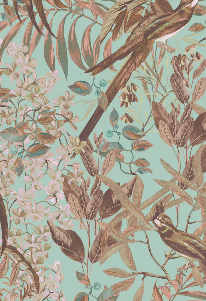 Deus-ex-gardenia-resplendant-woods-wallpaper-forest-beautiful-tropical-birds0rich-tones-feathers-botanical-woodland-colours-hand-illustrated-print-Teal-soft-green-background-colour