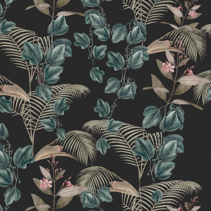 Deus-ex-Gardenia-Wild-Ivy-Dusk-black-background-green--wild-palm-spider-monkey-leaves-South-American-Paradise-palm-leaves-jungle-pattern-hand-illustrated-pattern