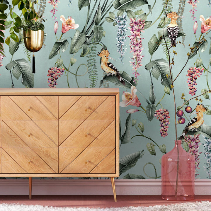 Hoopoe Garden Wallpaper in Duckegg