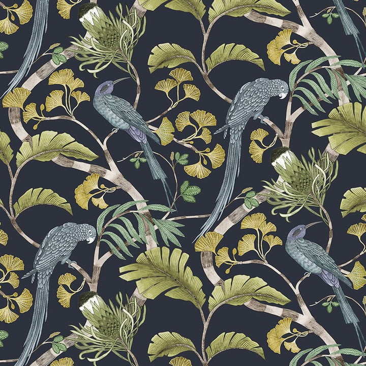 Josephine-Munsey-Living-Branches-wallpaper-Petra-and-Greens-botanical-print-flora-fauna-parakeet-leaves-ginko-jungle-dark-blue-background-lime-teal-birds