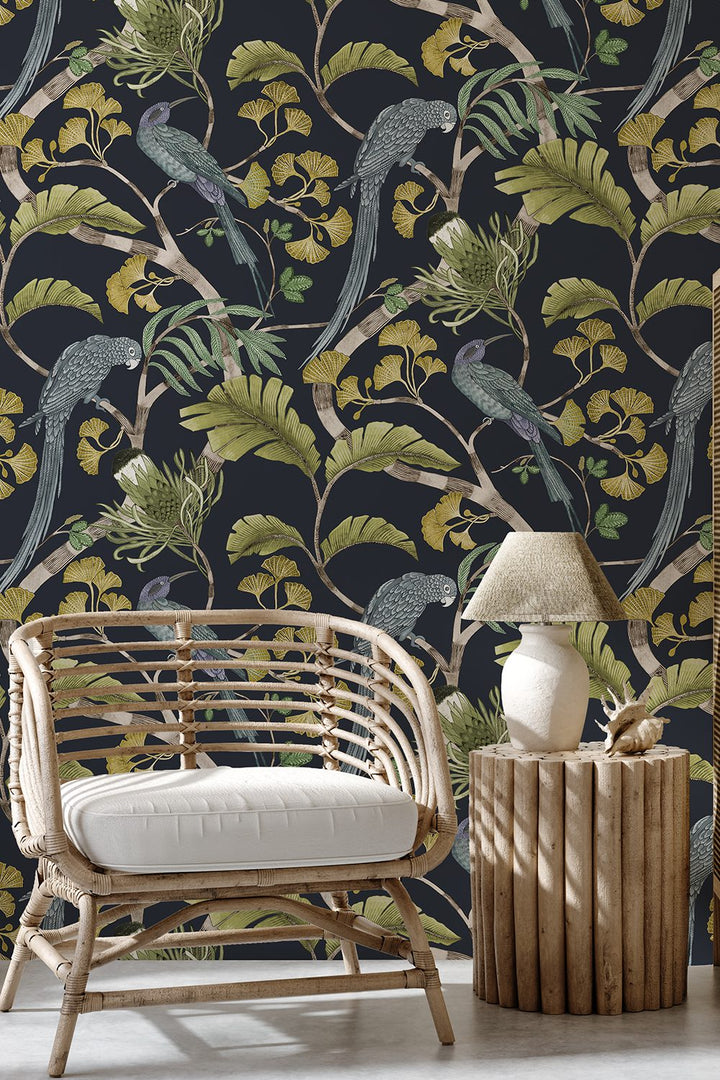 Josephine-Munsey-Living-Branches-wallpaper-Petra-and-Greens-botanical-print-flora-fauna-parakeet-leaves-ginko-jungle-dark-blue-background-lime-teal-birds