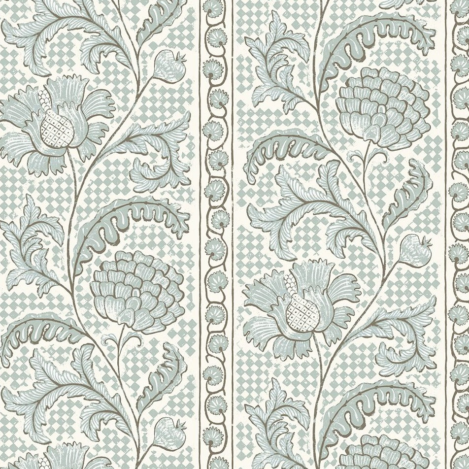 Josephine-Munsey-Floral-Check-Wallpaper-Barton-Blue-Cotswold-White-trailing-floral-stripes-against-checkered-background-off-white-soft-blue-traditional-cottage-style-British-Designer-hand-painted-printed