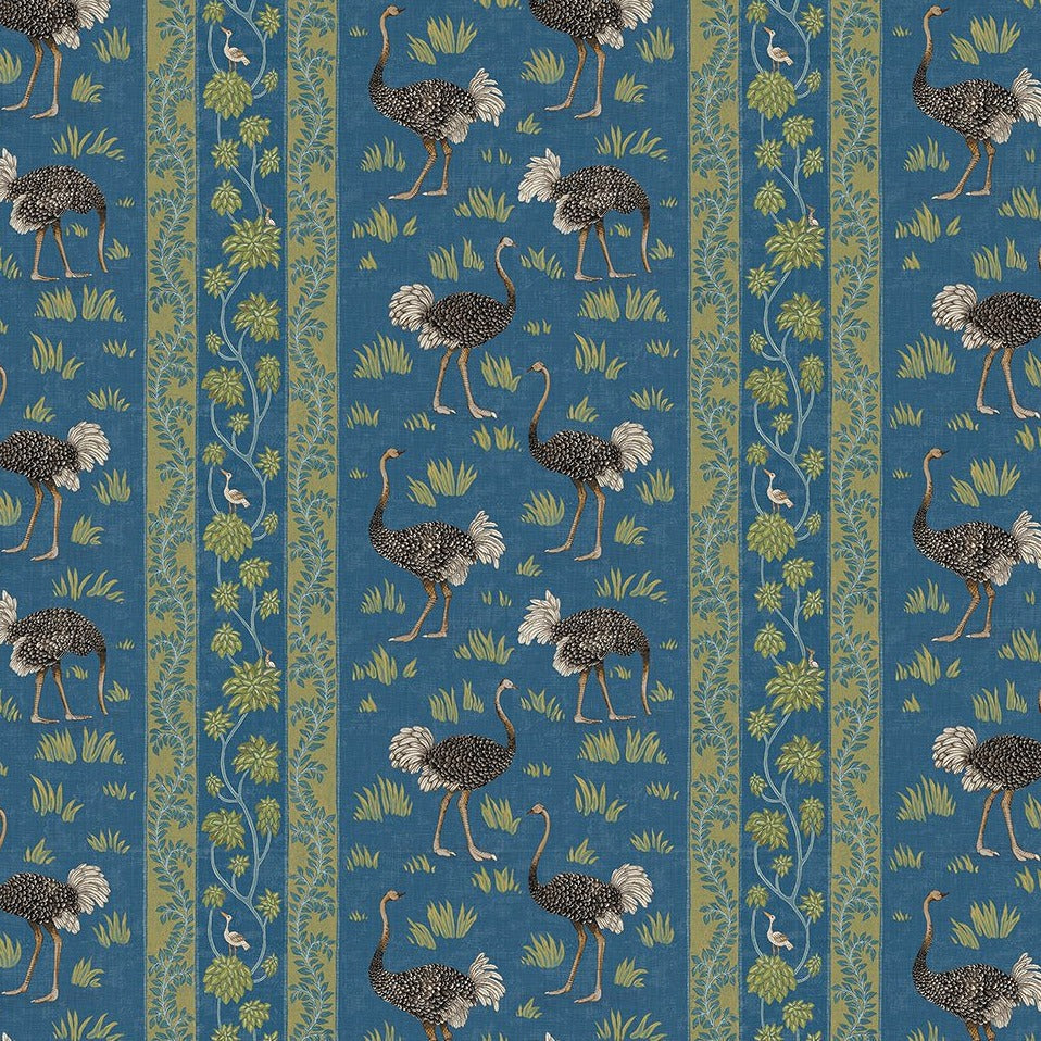 Josephine-munsey-ostrich-stripe-wallpaper-bright-blue-green-stripes-foliage-birds-hand-painted