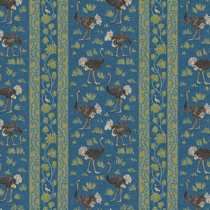 Josephine-munsey-ostrich-stripe-wallpaper-bright-blue-green-stripes-foliage-birds-hand-painted