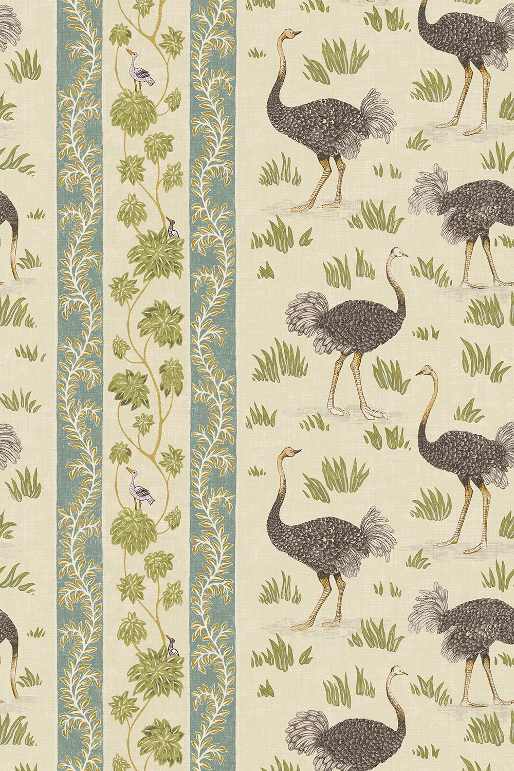 Josephine-Munsey-wallpaper-Ostrich-stripe-wallpaper-birds-amongst-grass-stripe-background-cream-and-green