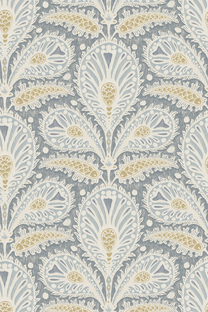 Josephine-Munsey-Ikat-clover-wallpaper-large-scale-ogee-shape-design-foliage-print-paisley-pattern-four-colour-print-blue-and-yellow