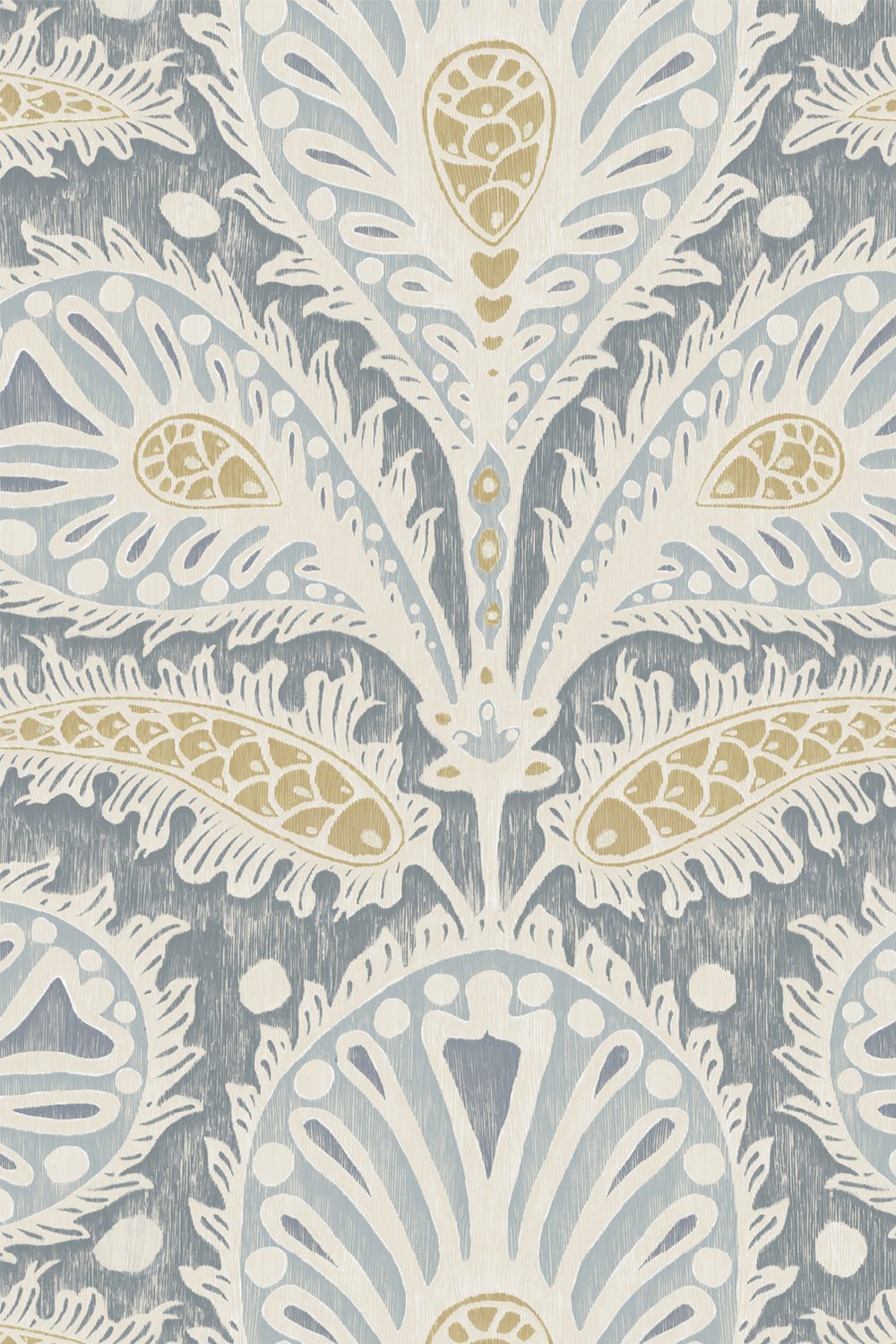 Josephine-Munsey-Ikat-clover-wallpaper-large-scale-ogee-shape-design-foliage-print-paisley-pattern-four-colour-print-blue-and-yellow