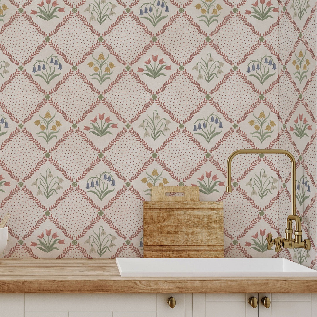 studio-le-cocq-first-signs-wallpaper-Brick-Red-harlequin-pattern-trailing-vines-spots-spring-snowdrops-tulips-bluebells-country-style-wallpapre-hand-illustrated