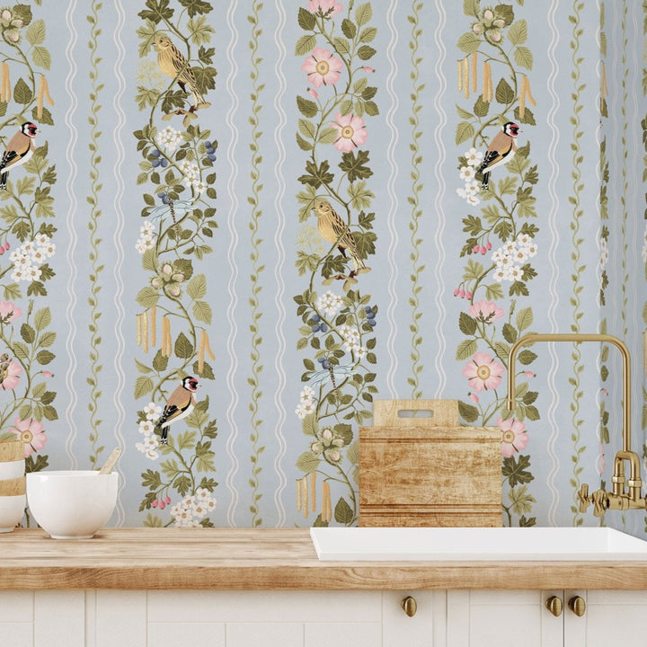 Studio-LeCocq-Hedgerows-Wallpaper-stripes-scalloped-edges-birds-cottage-woodland-hand-illustrated-spring-floral-Breeze-Soft-blue 