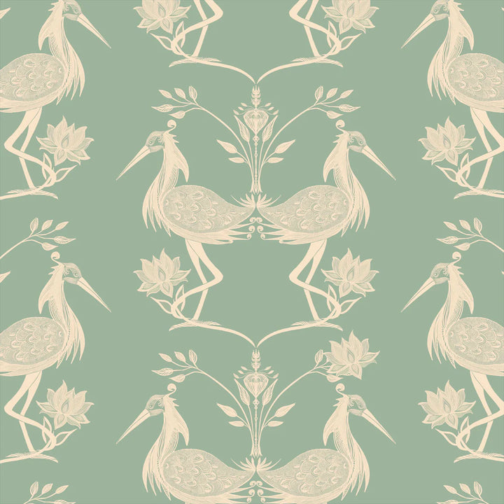 Tatie-lou-wallpaper-lotus-mint-herons-mirror-pattern-royal-birds-regal-cranes-wallpaper-traditional-mint-yellow