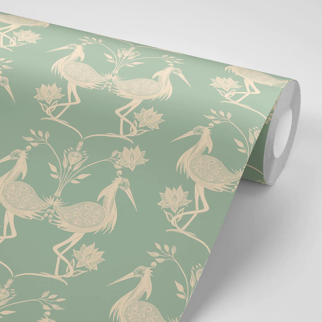 Tatie-lou-wallpaper-lotus-mint-herons-mirror-pattern-royal-birds-regal-cranes-wallpaper-traditional-mint-yellow