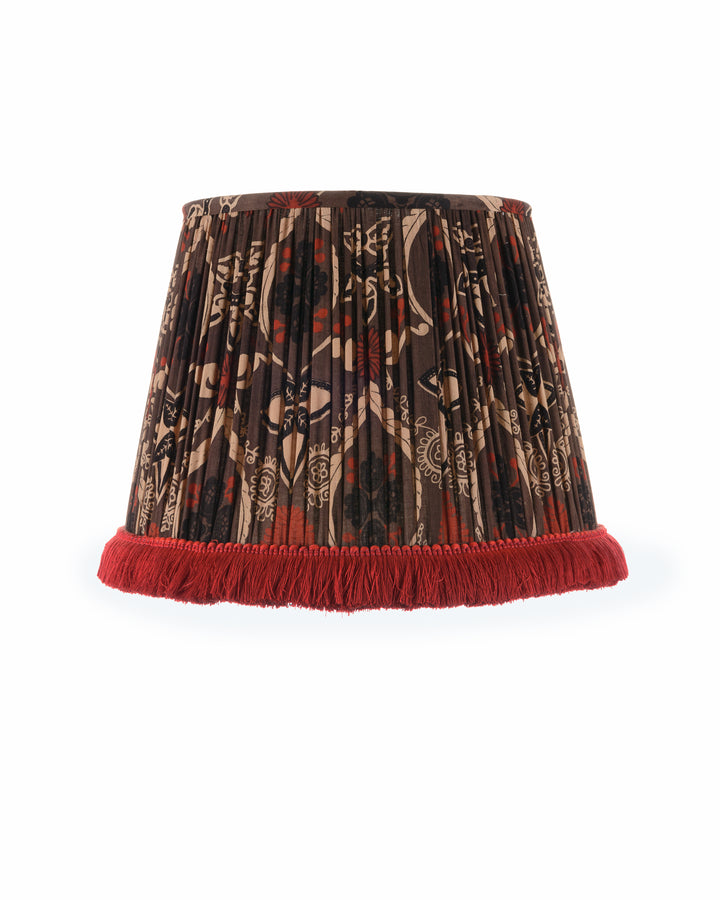 mindthegap-brown-pleated-lampshade-red-black-block-print-design-red-fringing