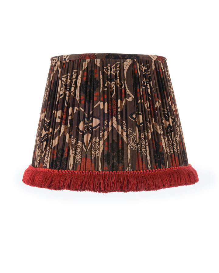 mindthegap-brown-pleated-lampshade-red-black-block-print-design-red-fringing