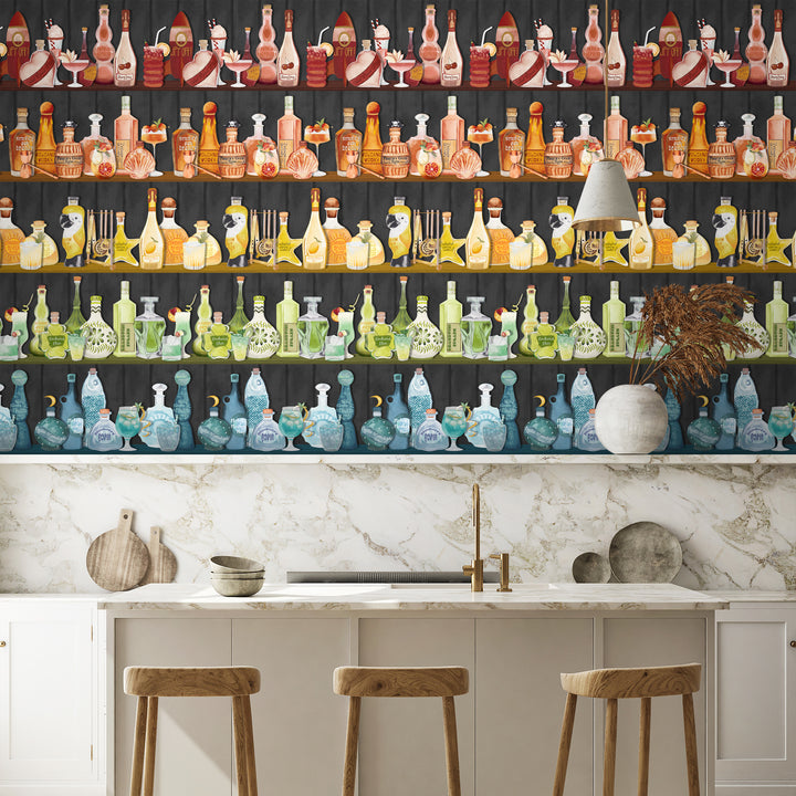 Brand-Mckenzie-Paper-paradise-mixology-wallpaper-cocktail-bar-rows-bottle-colourful-cut-glass-backdrop-black-ebony