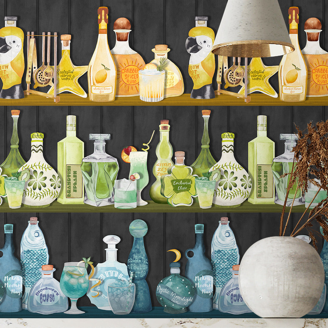 Brand-Mckenzie-Paper-paradise-mixology-wallpaper-cocktail-bar-rows-bottle-colourful-cut-glass-backdrop-black-ebony