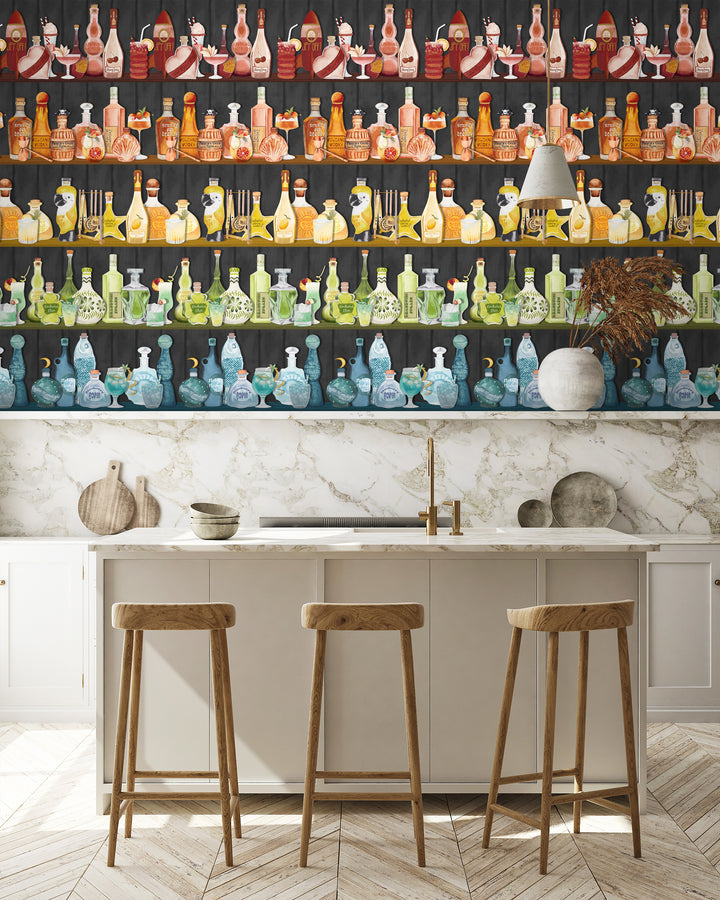 Brand-Mckenzie-Paper-paradise-mixology-wallpaper-cocktail-bar-rows-bottle-colourful-cut-glass-backdrop-black-ebony