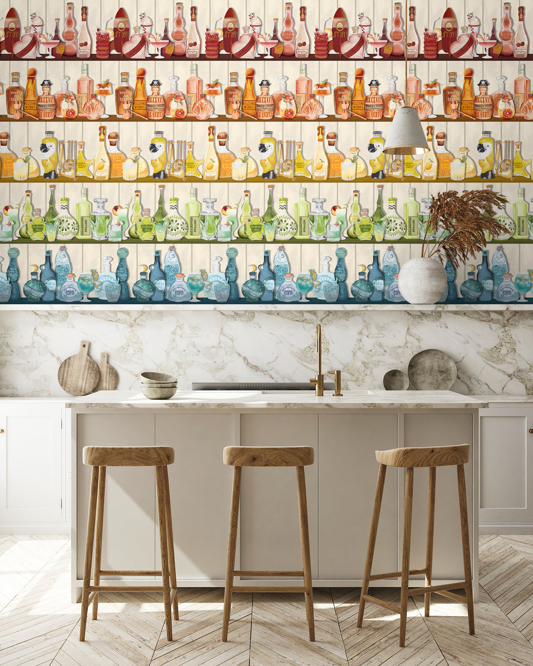 Brand-Mckenzie-Paper-paradise-mixology-wallpaper-cocktail-bar-rows-bottle-colourful-cut-glass-Ivory-pale-bckground