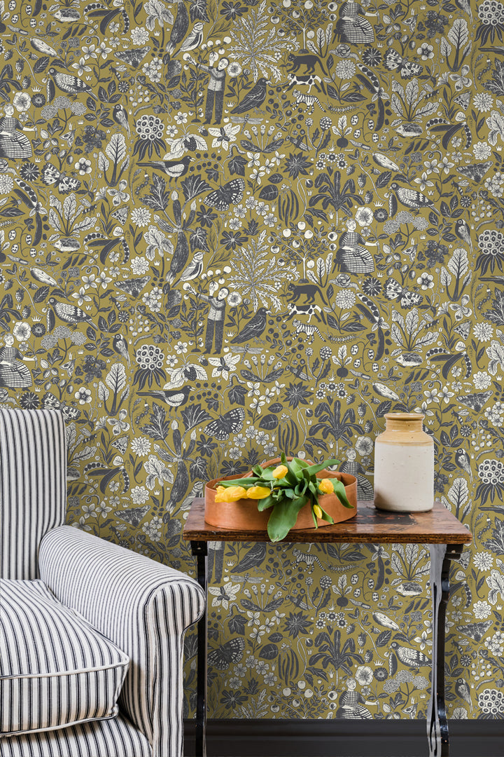 hamilton-weston-wallpaper-Alice-Pattullo-Arcadia-Russet-black-white-green-russet-block-print-wallpaper-folk-print-allotment-style-vintage-country-look