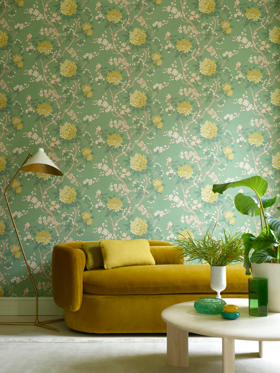 liberty-botanical-atlas-procelian-trail-wallpaper-jade-floral-trail-jade-lounge-mustard-yellow-sofa